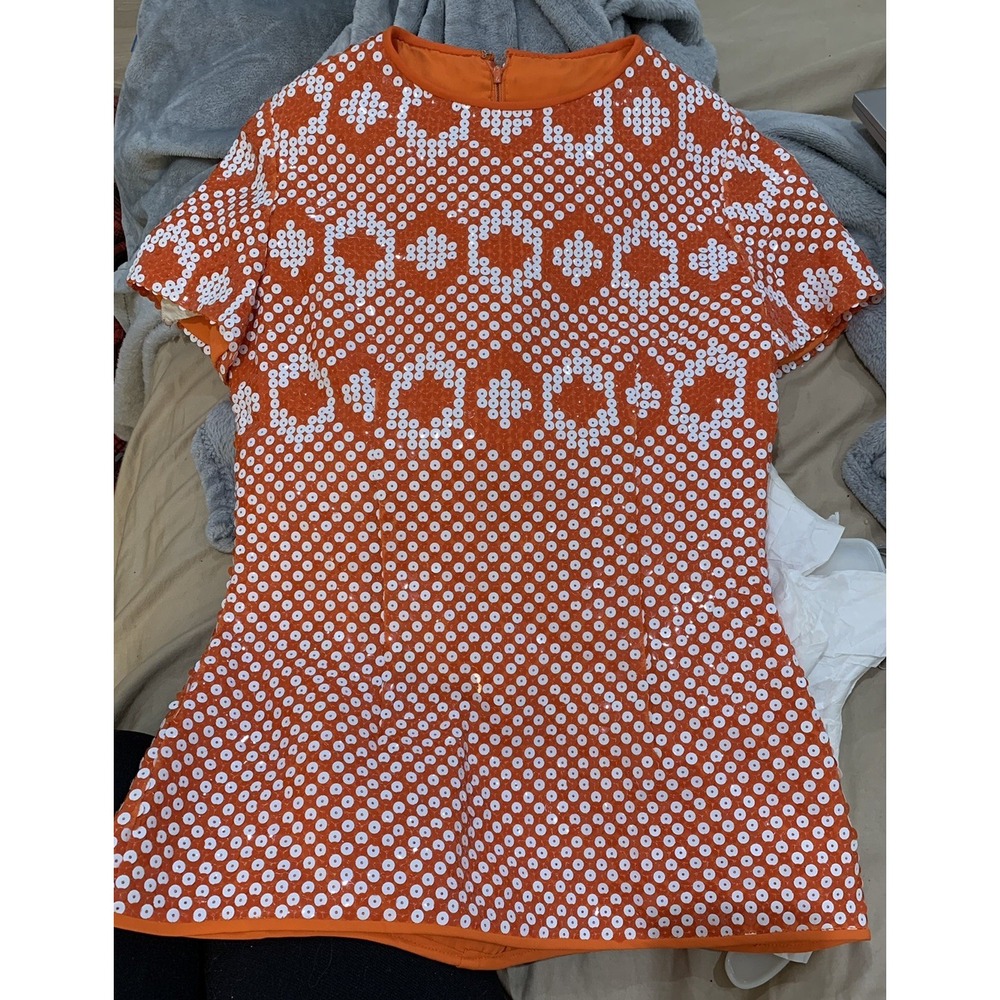Vintage  Pierre Cardin 1960s Orange & White Sequin Geometric Silk Op Art Mod Top - Picture 8 of 9